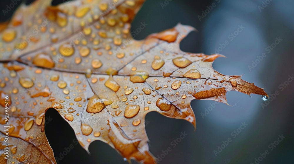 Close-up of a weathered leaf, with raindrops clinging to its surface Close-up of a weathered leaf, with raindrops clinging to its surface