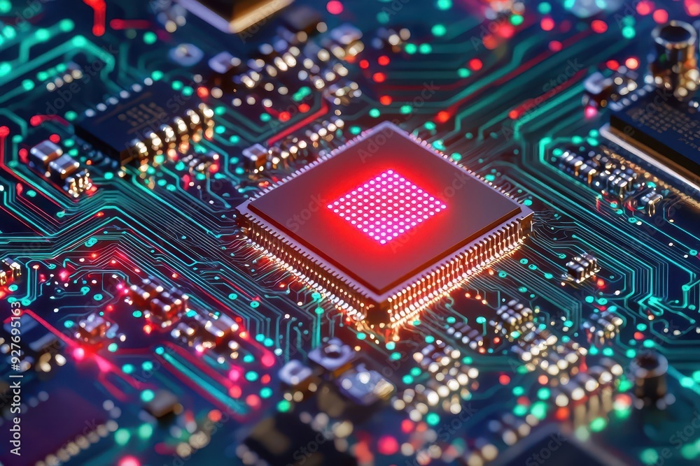 Encrypted microchip with firewall elements, cyber defense technology, illustration Encrypted microchip with firewall elements, cyber defense technology, illustration