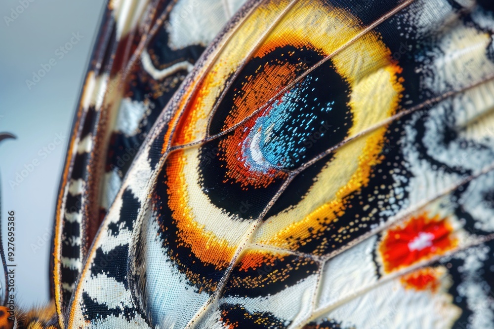 Close up of a butterfly wing showing intricate patterns and colorful eyespots against a blurred background