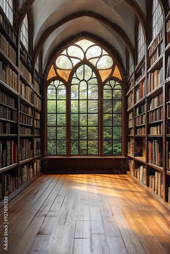 Light through windows in a library with old books