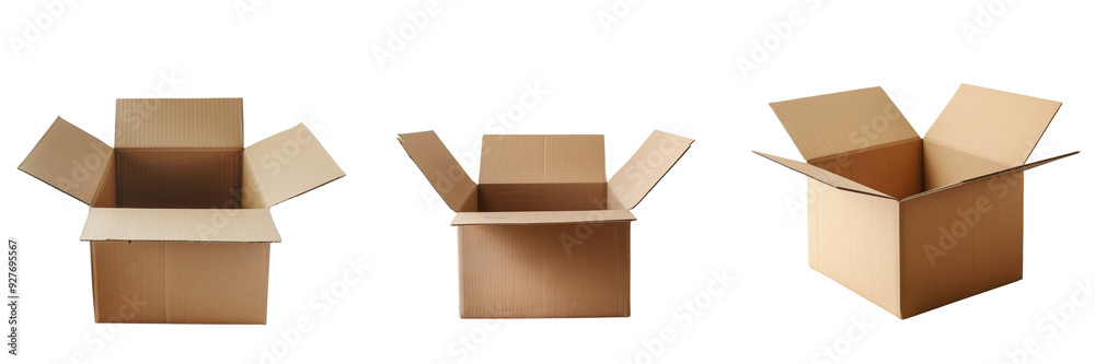 Collage of open cardboard box on a wooden floor, isolated on a transparent background