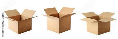 Collage of open cardboard box on a wooden floor, isolated on a transparent background