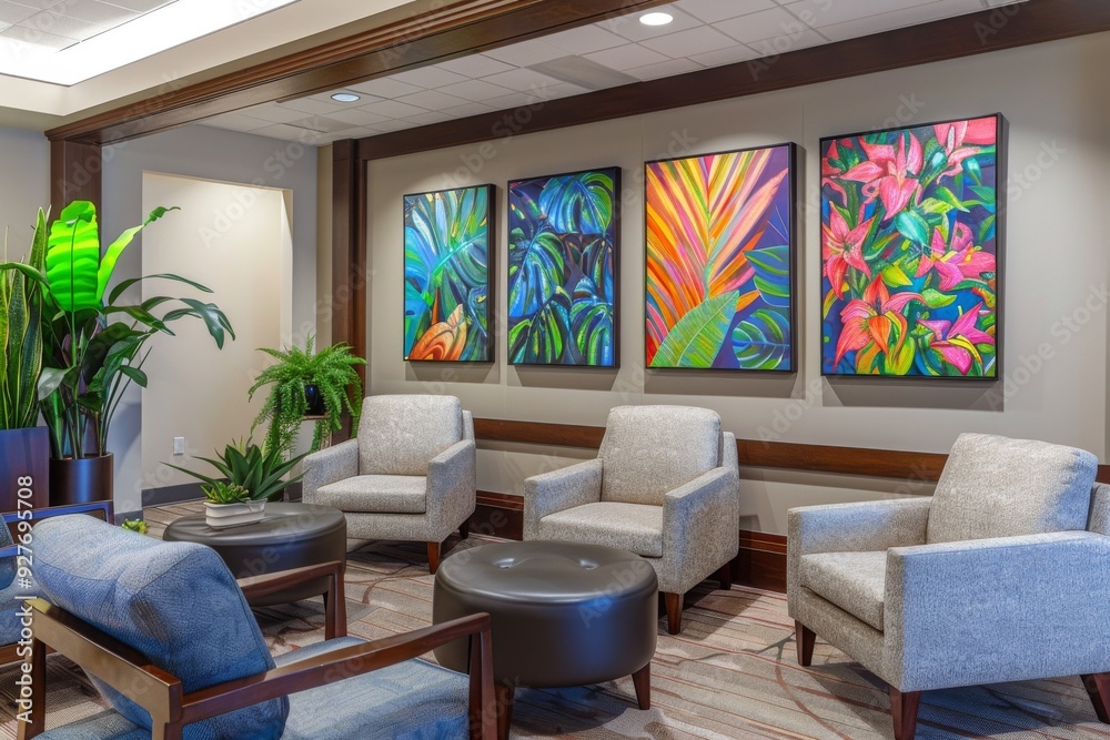 Fototapeta premium A stylish lobby in an apartment building, characterized by bold orange walls that provide a bright and energetic ambiance, A stylish office lobby with comfortable seating and artwork. AI generated