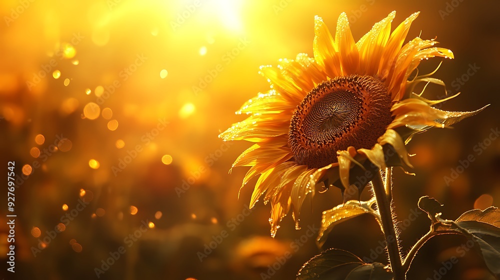 Naklejka premium A Single Sunflower in Golden Sunlight with Dew Drops