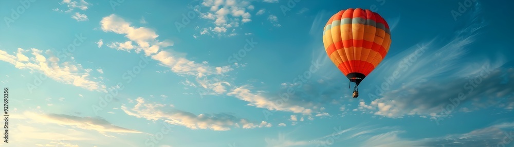Fototapeta premium Colorful Hot Air Balloon Soaring into the Scenic Sky at Sunrise or Sunset Symbolizing Adventure and New Opportunities