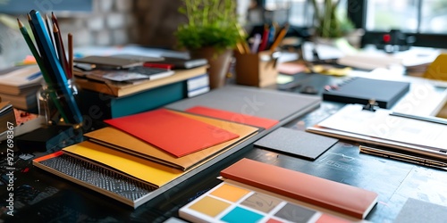 there are many different colored papers on a desk with a plant photo