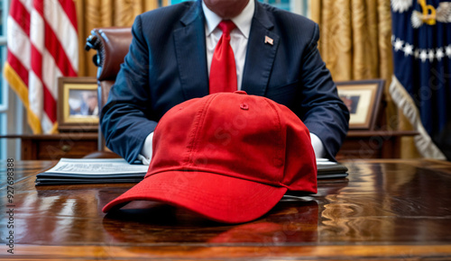 Red cap of an american republican presidential candidate lies on the desk in the Oval Office. United States President sits at his desk in the White House with a red hat on the desk photo