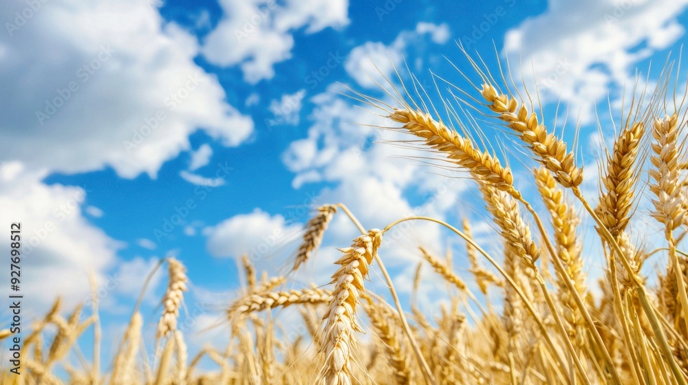 A golden wheat field under a blue sky with white clouds, creating an atmosphere of harvest and life. A golden wheat field under a blue sky with white clouds, creating an atmosphere of harvest and life.