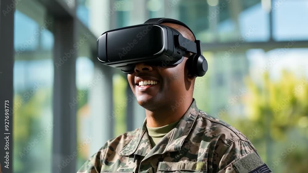 A soldier experiences immersive virtual reality training, showcasing advanced technology in a bright and innovative training center