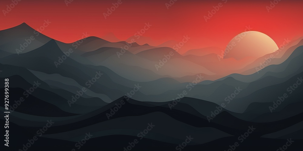 Silhouette mountains at sunset with a large red sky. Silhouette mountains at sunset with a large red sky.