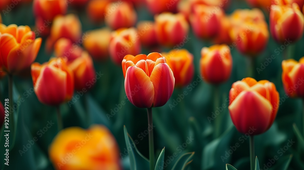 Close up of a single orange and red tulip in a field of tulips. Close up of a single orange and red tulip in a field of tulips.