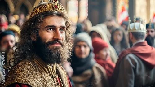 The atmosphere is filled with excitement as a noble leader greets his devoted followers in a grand hall adorned with vibrant banners