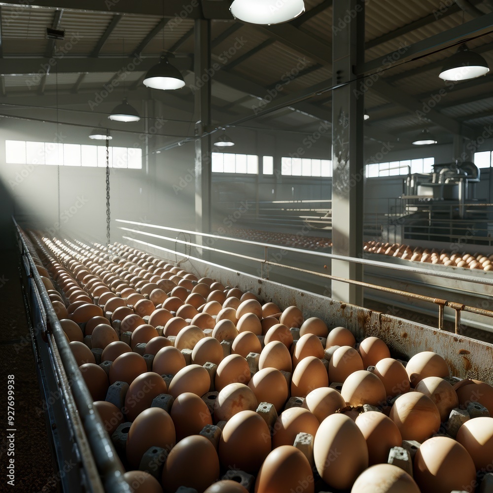 Fototapeta premium A large egg farm with numerous hens in spacious enclosures, realistic, natural lighting, vibrant colors, high detail.
