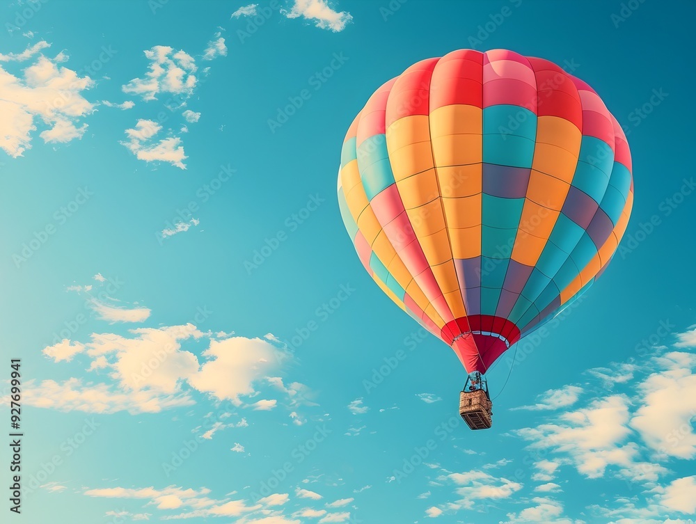 Fototapeta premium Colorful Hot Air Balloon Ascending Into Vibrant Azure Sky Symbolizing Adventure and New Opportunities