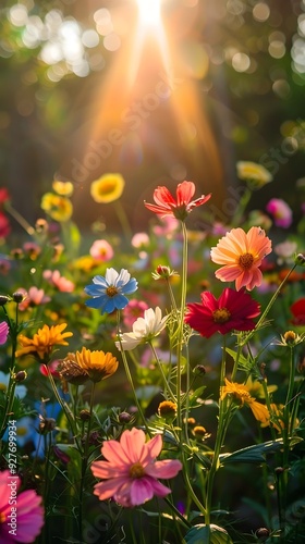 Vibrant Garden in Full Bloom Symbolizing New Beginnings and Fresh Starts with Sunlight Streaming Through the Flowers