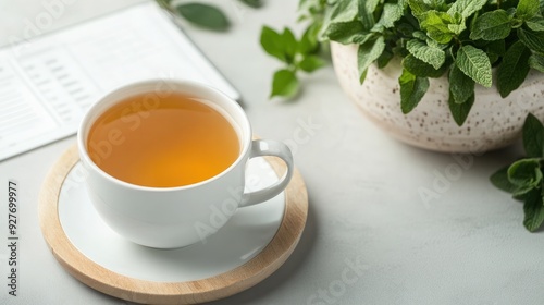A serene home office with a wellness planner, a cup of green tea, and a balanced diet chart, symbolizing a preventive approach to health and wellness
