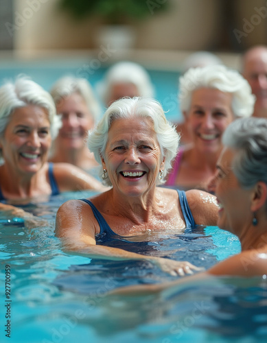 Active senior women in row enjoying aqua fit class in a pool, displaying joy and camaraderie, generative AI