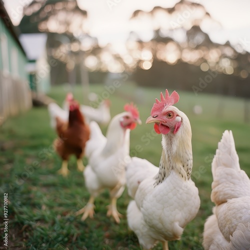 Organic free-range chicken farm with hens roaming freely, green pastures, natural light, realistic, warm tones.