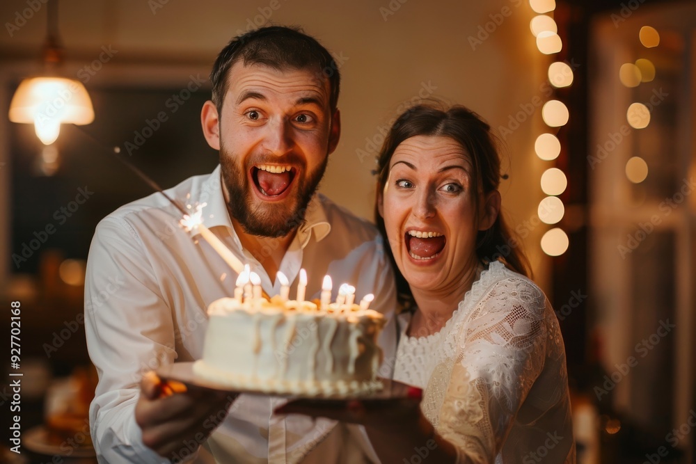 A joyful couple displays a cake embellished with berries, capturing a moment of celebration and togetherness, A wife surprising her husband with a homemade cake on their anniversary. Ai generated A joyful couple displays a cake embellished with berries, capturing a moment of celebration and togetherness, A wife surprising her husband with a homemade cake on their anniversary. Ai generated