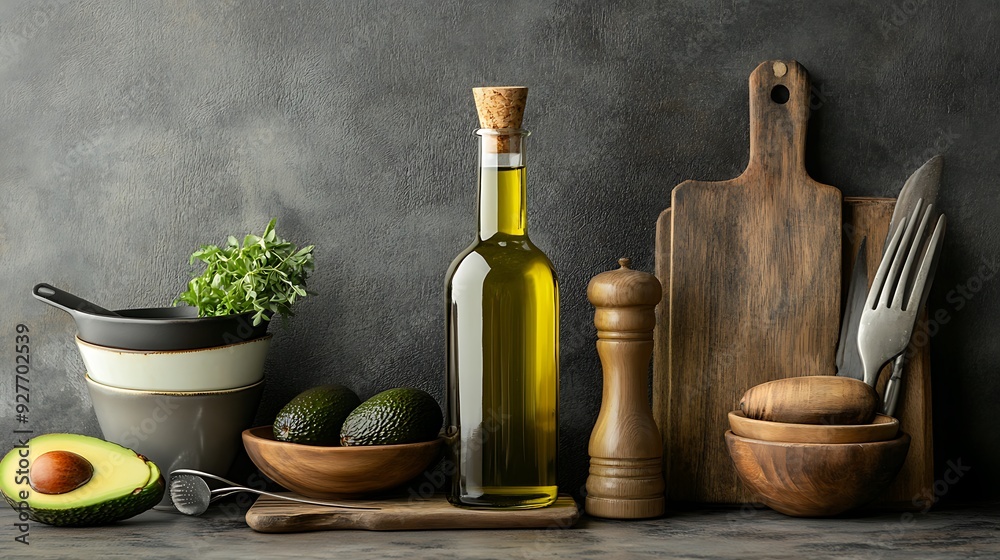 Still Life with Olive Oil, Avocado, and Kitchen Utensils Still Life with Olive Oil, Avocado, and Kitchen Utensils