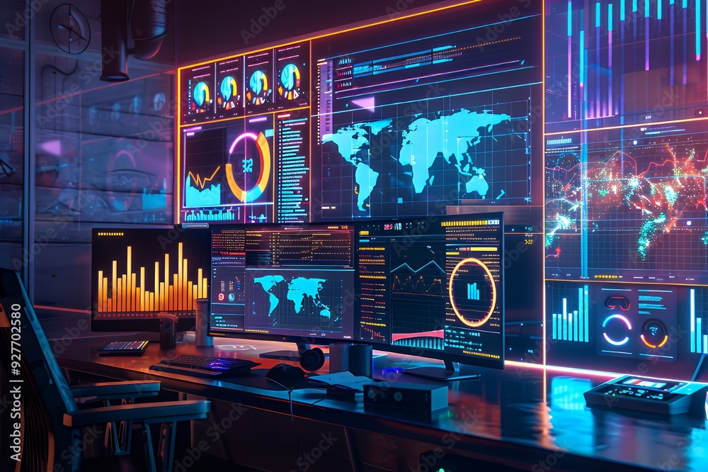 A modern workstation with multiple monitors displaying glowing graphs, data, charts, and a world map in a dark room. A modern workstation with multiple monitors displaying glowing graphs, data, charts, and a world map in a dark room.