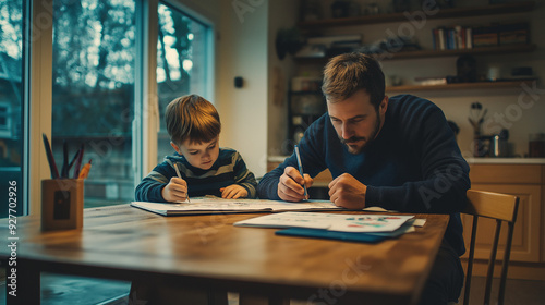 A father helps his young son with homework at the kitchen table, fostering education and bonding. Natural lighting creates a warm and focused atmosphere for learning and family interaction.