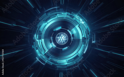 a digital futuristic interface with a prominent circular shape in the center, reminiscent of a technological eye or portal. It is made up of various concentric rings with intricate patterns and glowin