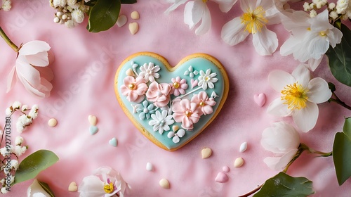 Heart-Shaped Cookie with Floral Decoration on a Pink Background