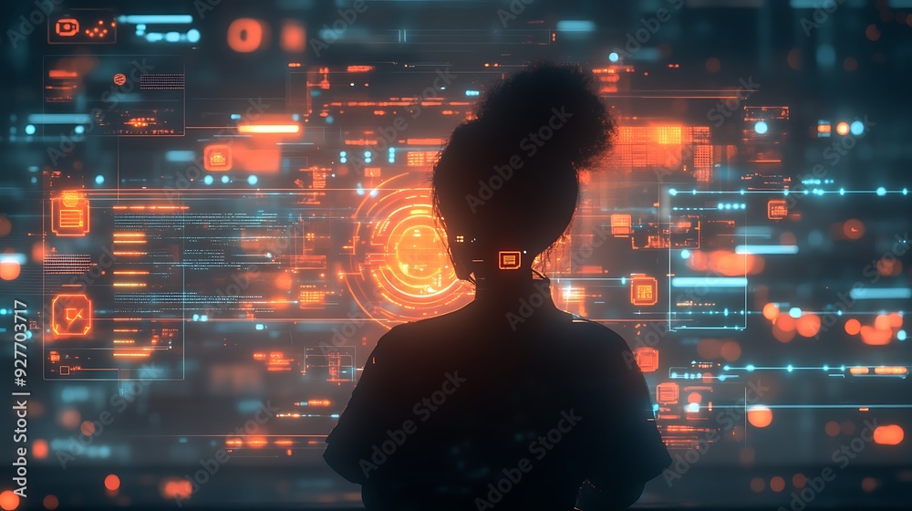 A digital avatar interacting with a virtual world, surrounded by glowing icons and data streams A digital avatar interacting with a virtual world, surrounded by glowing icons and data streams