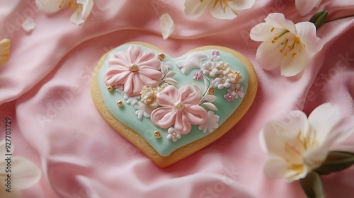 Heart-Shaped Cookie Decorated with Floral Icing on Pink Fabric
