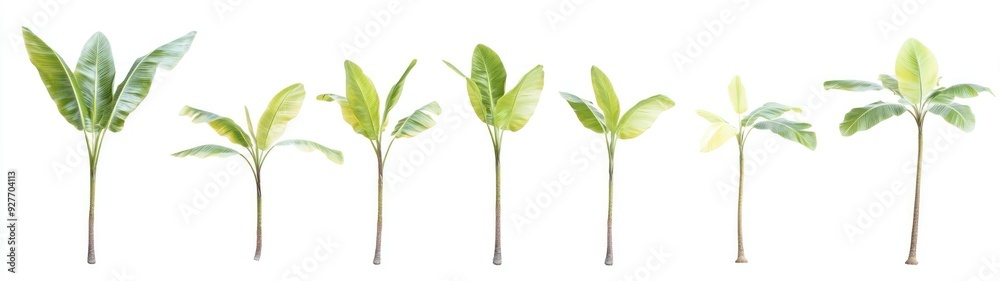 Row of Seven Green Palm Trees with White Background Row of Seven Green Palm Trees with White Background
