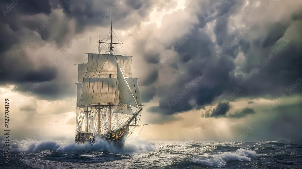 Fototapeta premium A tall ship with fully raised sails, navigating stormy seas with dark clouds overhead
