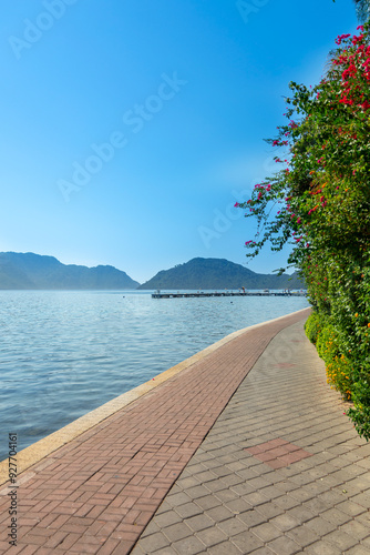 View of Marmaris harbor on Turkish Riviera. Marmaris is a port city and popular tourist resort on the Mediterranean coast in Mugla Province, Turkey.