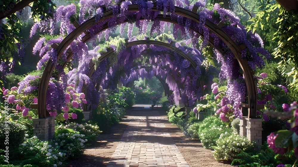 Decorative arch surrounded by flowering plants Decorative arch surrounded by flowering plants