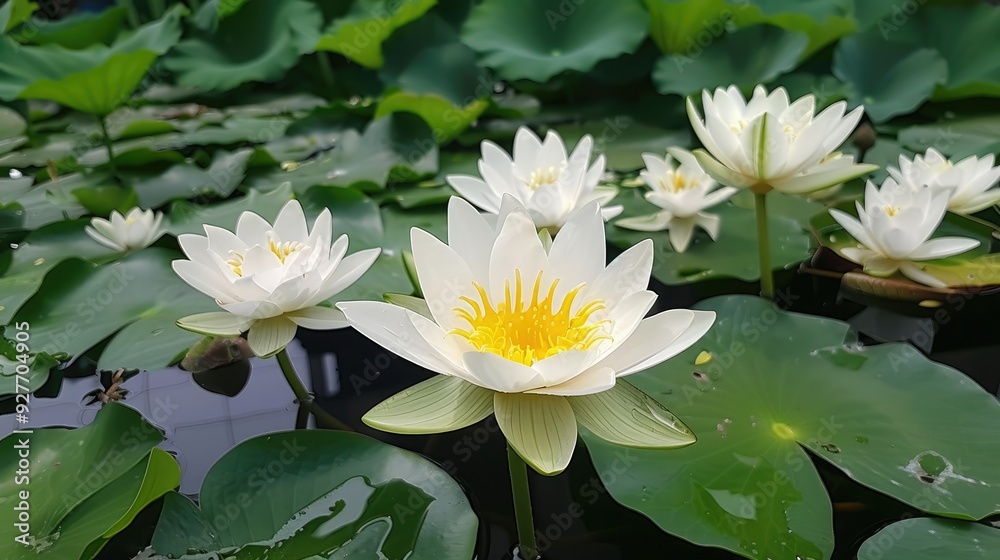 Lotus blossoms of white and yellow in a tiny pond Lotus blossoms of white and yellow in a tiny pond