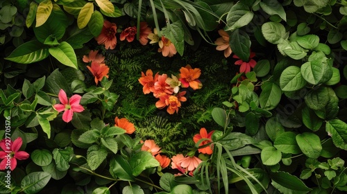 Love symbol on foliage of flowers