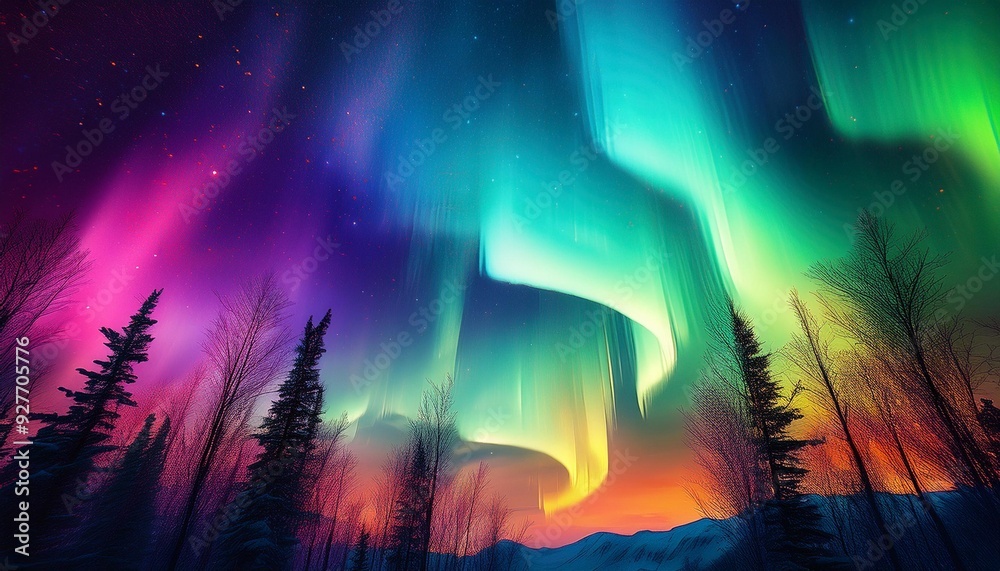 Obraz premium 夜空に広がる幻想的な虹色のオーロラ_01