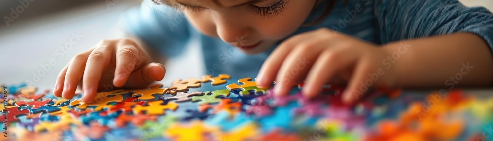 Preschooler solving a colorful puzzle, highlighting cognitive development and problem-solving skills Preschooler solving a colorful puzzle, highlighting cognitive development and problem-solving skills