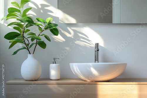 A minimal Japandi serene restroom featuring Japanese and Scandinavian design elements
Modern bathroom interior featuring natural wood accents, bamboo plants, and soft lighting during the day
 photo