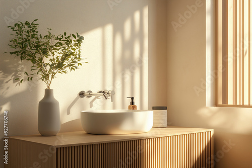 A minimal Japandi serene restroom featuring Japanese and Scandinavian design elements
Modern bathroom interior featuring natural wood accents, bamboo plants, and soft lighting during the day
