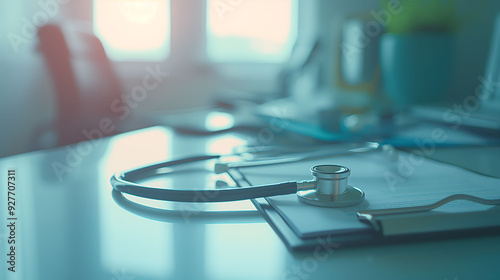 Stethoscope and a medical report on the table in hospital