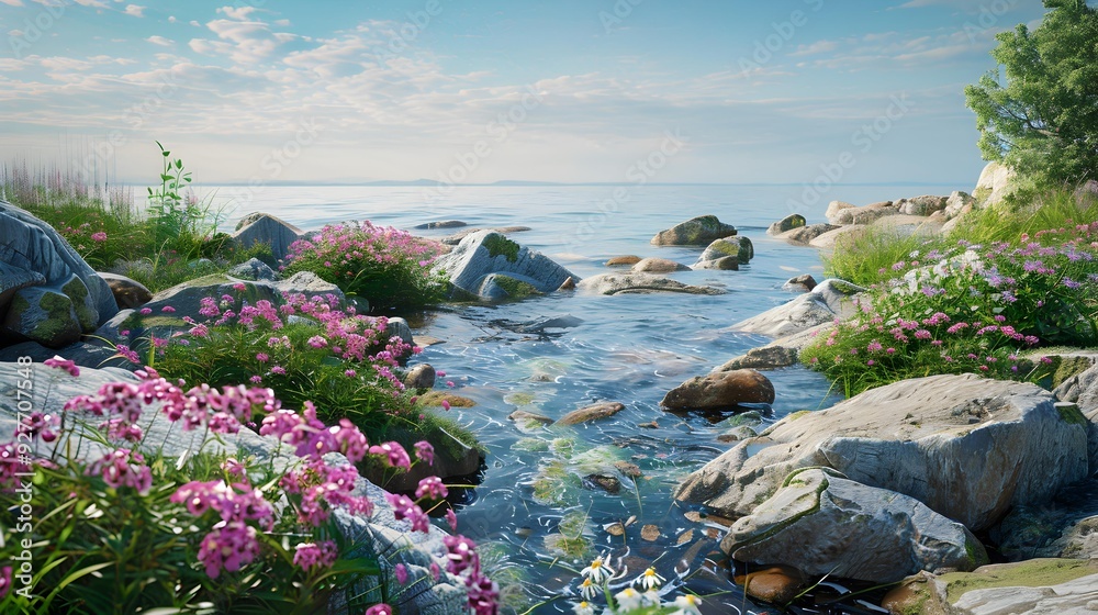 Fototapeta premium The rocky shore is dotted with flowers