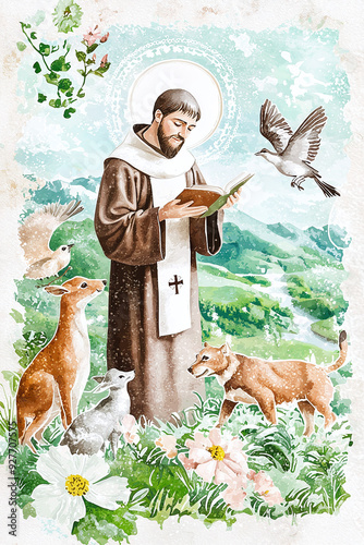 illustration of Saint Francis of Assisi, depicted surrounded by animals and nature, with a rich, textured background