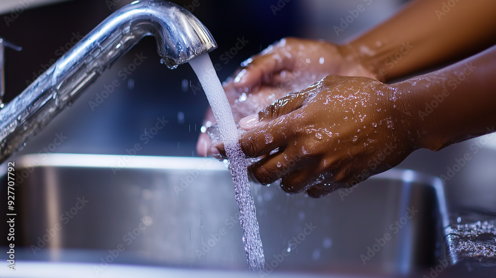 A close-up of hands turning on a faucet, with clean water flowing into a stainless steel sink, highlighting the importance of water conservation. Ai generated A close-up of hands turning on a faucet, with clean water flowing into a stainless steel sink, highlighting the importance of water conservation. Ai generated