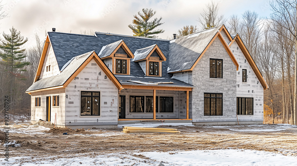 A newly constructed home with visible insulation in the walls and roof, showcasing the progress of the building project and the attention to detail. Ai generated A newly constructed home with visible insulation in the walls and roof, showcasing the progress of the building project and the attention to detail. Ai generated