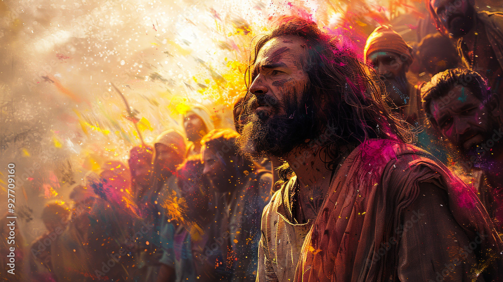 Biblical figure in vibrant, colorful festival scene
Biblical figure in vibrant, colorful festival scene