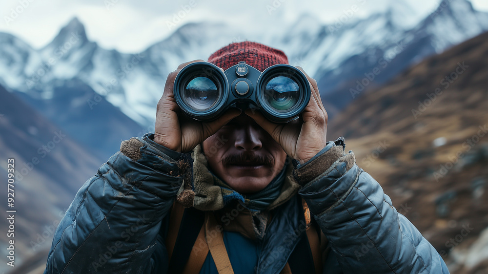 A Sherpa guide holding binoculars in front view, with a snow-capped mountain backdrop. Ai generated A Sherpa guide holding binoculars in front view, with a snow-capped mountain backdrop. Ai generated