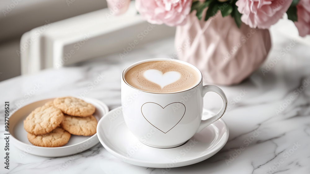 A stylish white coffee cup with a heart motif, resting on a saucer next to a plate of cookies on a marble countertop. The scene is completed with a vase of pink flowers in the background. Ai generated A stylish white coffee cup with a heart motif, resting on a saucer next to a plate of cookies on a marble countertop. The scene is completed with a vase of pink flowers in the background. Ai generated