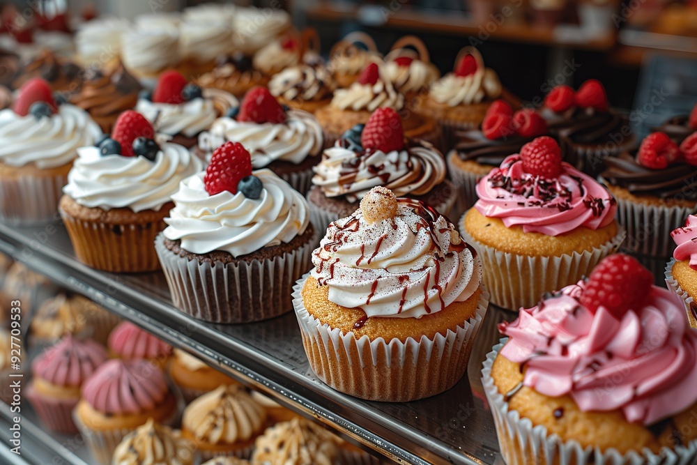 A display of cupcakes with various flavors and toppings, including chocolate A display of cupcakes with various flavors and toppings, including chocolate