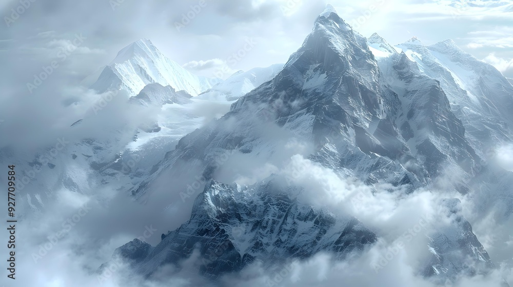 Obraz premium The misty peaks surrounded by thick clouds